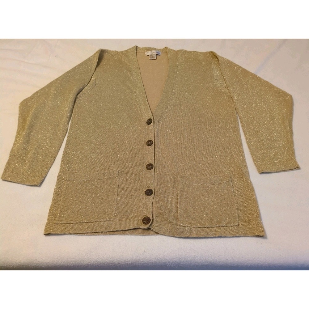 VTG Norm Thompson Cardigan Gold Dressy Cardigan Sweater Decorative Buttons Sz L